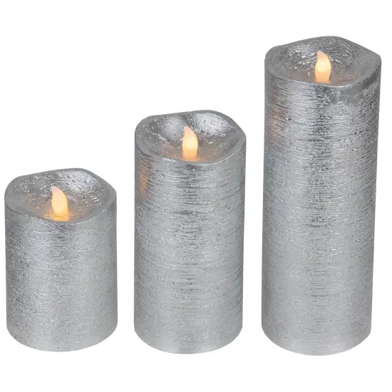 Northlight Set of 3 Brushed Silver-tone LED Flickering Flameless Pillar Candles 8" {5}