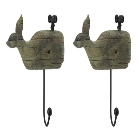 Distressed Wood Look 2 Piece Spouting Whale Wall Hook Set {1}