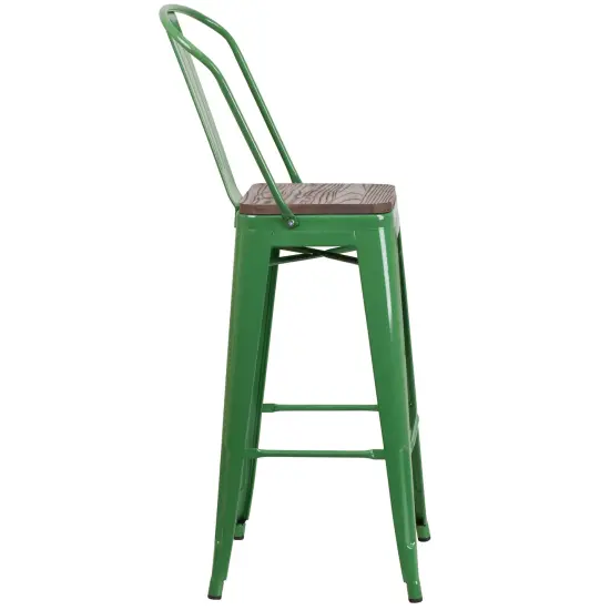 Merrick Lane Dothan Metal Dining Stool with Curved Slatted Back and Textured Wood Seat Green {5}