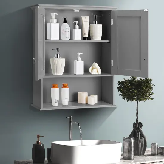 2-Door Wall Mount Bathroom Storage Cabinet with Open Shelf Grey {3}