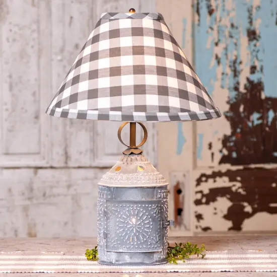 Irvins Country Tinware Paul Revere Lamp with Gray Check Shade Grey {3}
