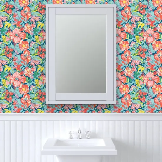Pre-Pasted Wallpaper 2FT Wide Tropical Florals Coral Flowers Island Hibiscus Pink Green Red Yellow Botanical Tropics Beach Colorful Custom Pre-pasted Wallpaper by Spoonflower {6}