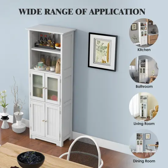 6-Tier Freestanding Bathroom Cabinet with 2 Open Compartments and Adjustable Shelves-White {5}