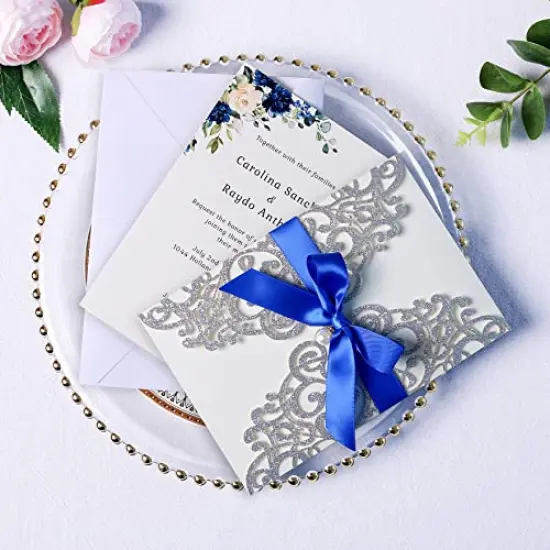 20 PCS 5 x 7'' Silver Giltter Laser Cut Wedding Invitations with Envelopes for Wedding Party Bridal Shower Engagement Birthday Sweet 16 Invite - Silver Glitter with Royal Blue Ribbons {5}