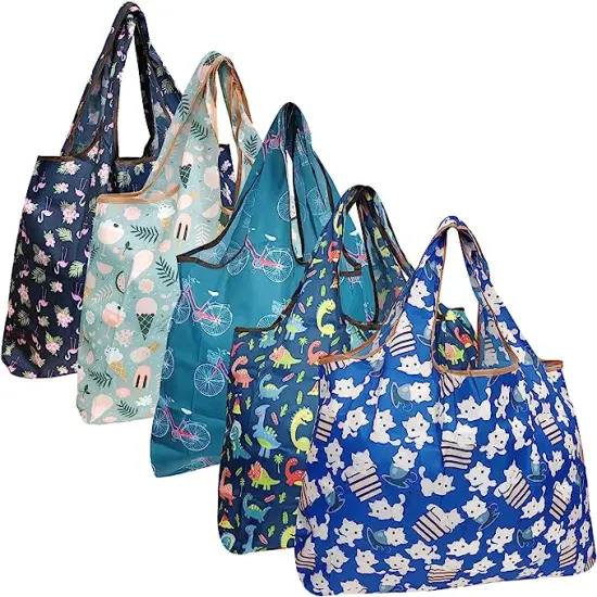 Wrapables Large Foldable Tote Nylon Reusable Grocery Bags, 5 Pack Exciting Adventures {1}