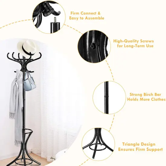 Wooden Freestanding Hat Coat Rack with Umbrella Stand Perfect for Any Room Black {5}