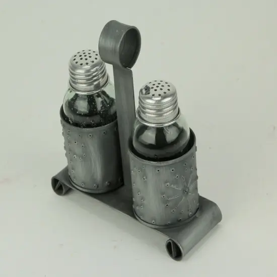 Primitive Perforated Tin and Glass Salt and Pepper Shaker Set Dining Table Decor {3}