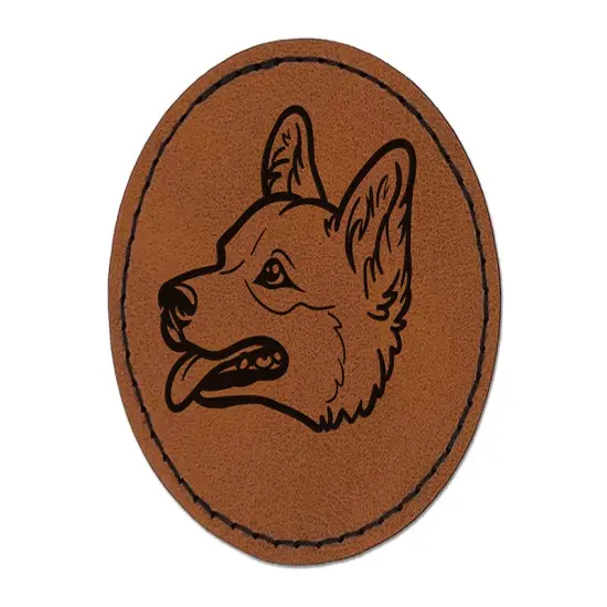 Pembroke Welsh Corgi Head Dog Round Iron-On Engraved Faux Leather Patch Applique - 2.5" Brown {1}