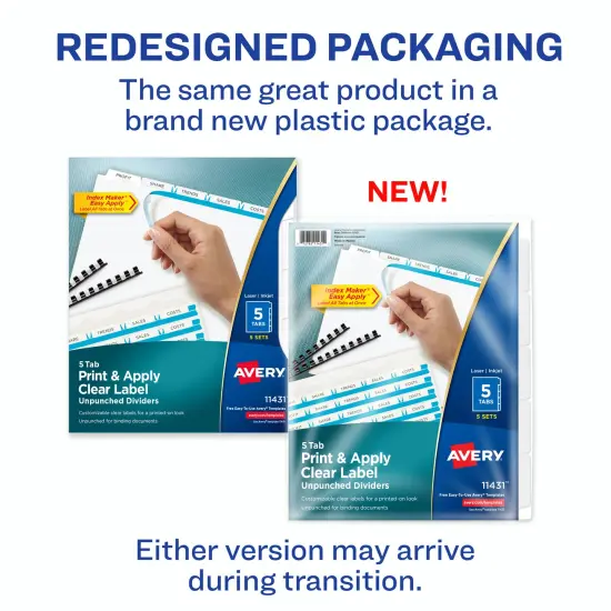 Avery 5 Tab Unpunched Dividers for Use with Any Binding System, Easy Print & Apply Clear Label Strip, Index Maker Customizable White Tabs, 5 Sets (11431) {2}