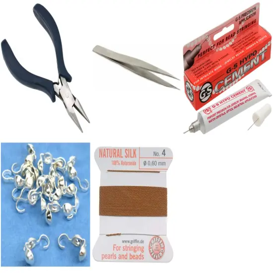 Bead Tip Kit - Pliers, Tweezers, Cement, 15 Bead Tips & Carnelian Bead Cord #4 {1}