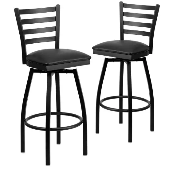 Emma and Oliver 2 Pack Ladder Back Swivel Metal Barstool BlackVYL/BlackMetal {1}