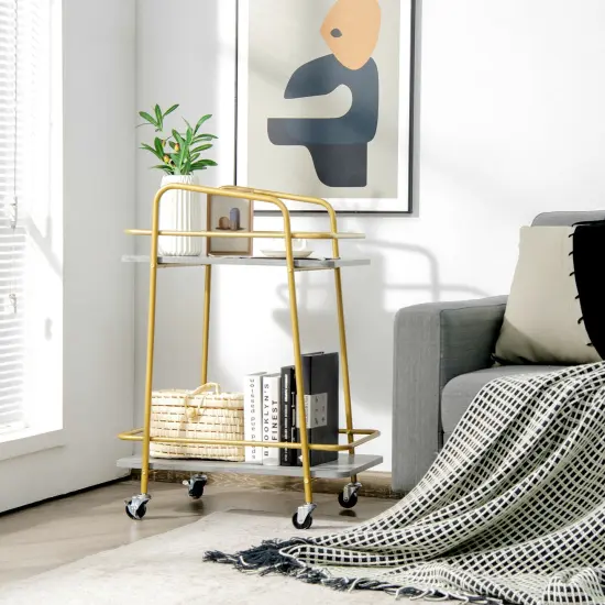 2-tier Kitchen Rolling Cart with Steel Frame and Lockable Casters-Gray {2}