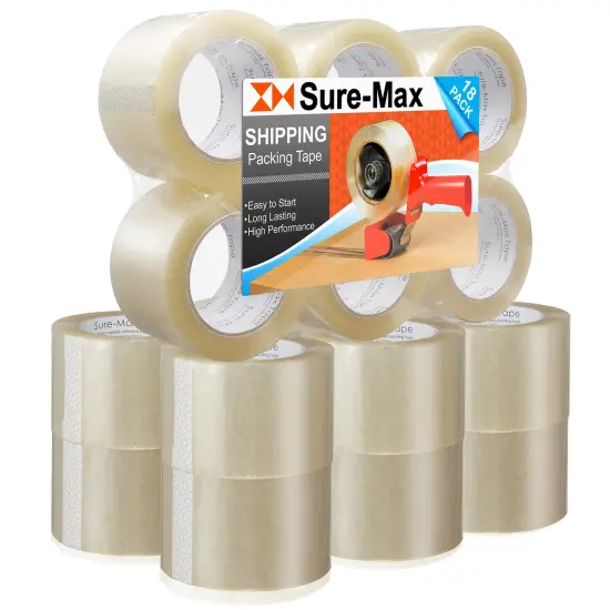 Sure-Max 18 Rolls Extra-Wide Shipping & Packing Tape (3" x 110 yard/330' each) - Moving & Adhesive Carton Sealing - 2.0mil Clear {1}