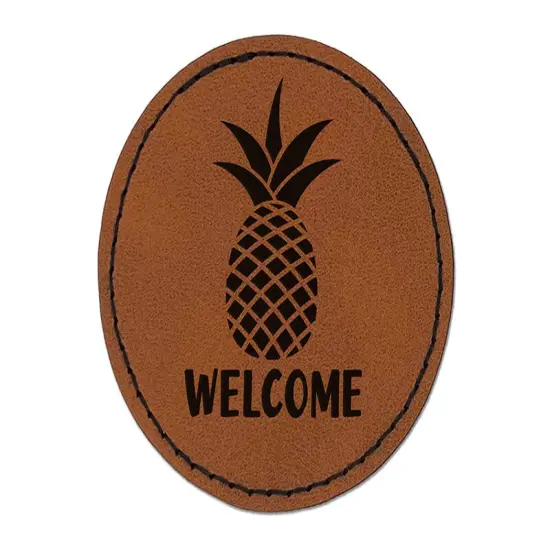 Pineapple Fruit Welcome Round Iron-On Engraved Faux Leather Patch Applique - 2.5" Brown {1}