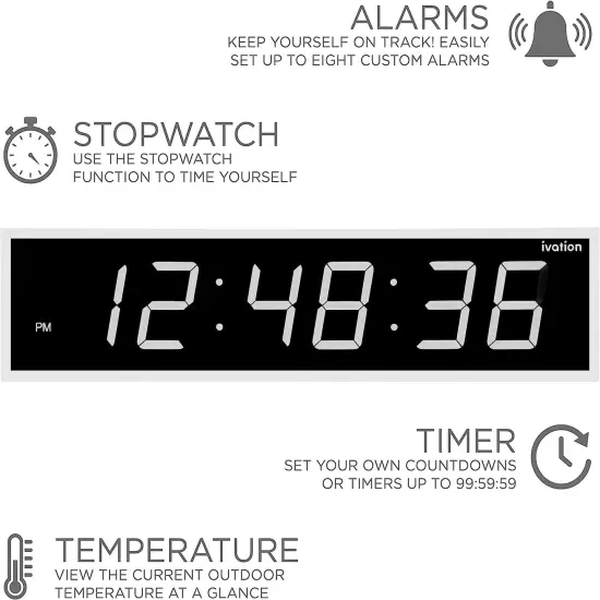 Ivation 60'' Large Digital Wall Clock, LED Digital Clock with Remote Control - Stopwatches White {5}