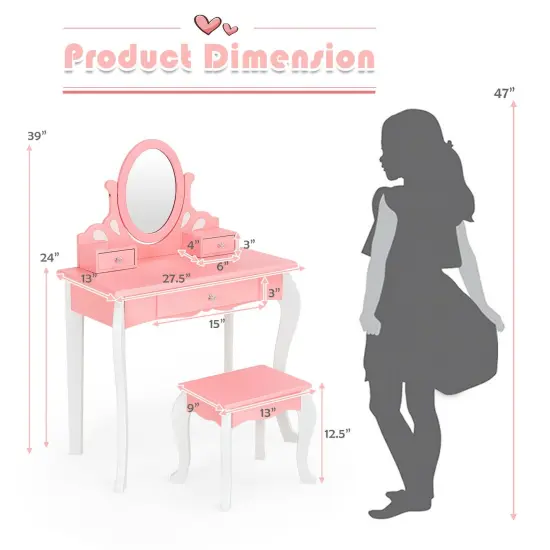 Kids Vanity Princess Makeup Dressing Table Stool Set with Mirror and Drawer Pink {4}