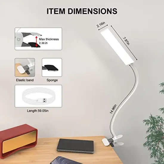 Clip on Light LED Desk Lamp with Eye-Caring LED Light and Metal Clip, 11 Level Brightness 3 Color Modes, Power by USB Port 5W Flexible Gooseneck Reading Light for Home and Office (5W, White) {6}