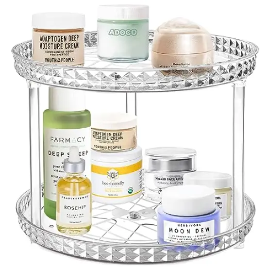 2 Tier Diamond Lazy Susan Bathroom Organizer Countertop, Clear 360 Rotating Cosmetic Makeup Organizer for Vanity, Skincare Organizers Perfume Organizer for Counter - Organization and Storage -9.25INCH {4}
