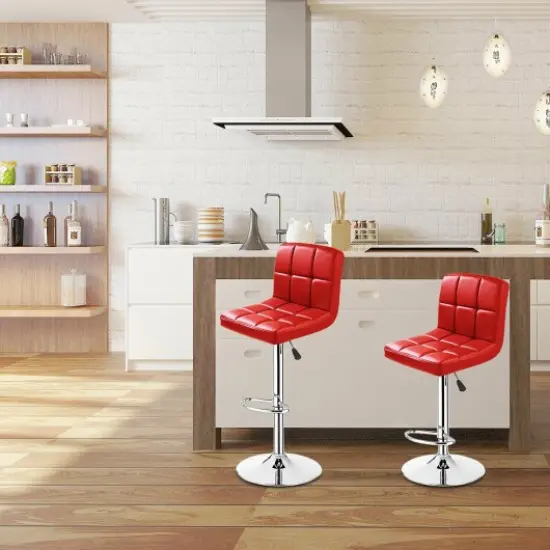 Set of 2 PU Leather Swivel Bar Stools Pub Chairs Red {1}