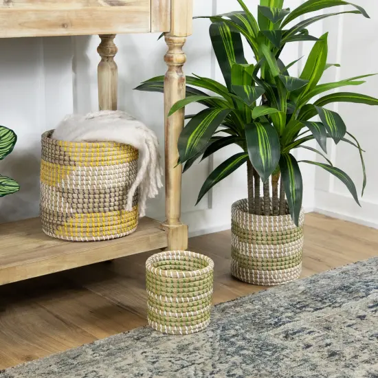 Northlight Set of 3 Striped Olive and Beige Woven Seagrass Baskets 9.75" {3}