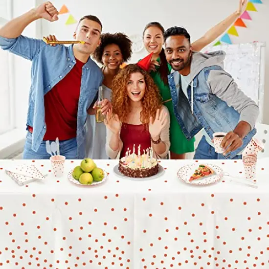 4 Pack Plastic Tablecloths for Rectangle Tables, Waterproof Disposable Party Table Cloths with Rose Gold Dot, Table Covers for Decorations, Baby Shower, Birthday, Mothers Day, 54&rdquo; x 108&rdquo; {4}