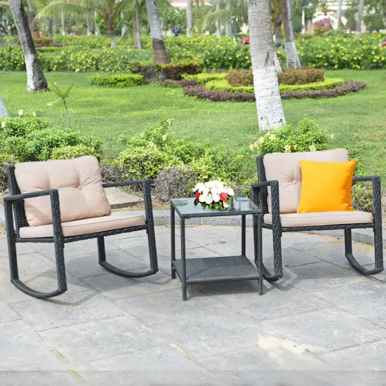 Costway 3PC Patio Rattan Conversation Set Rocking Chair Cushioned Sofa Garden Furniture {2}