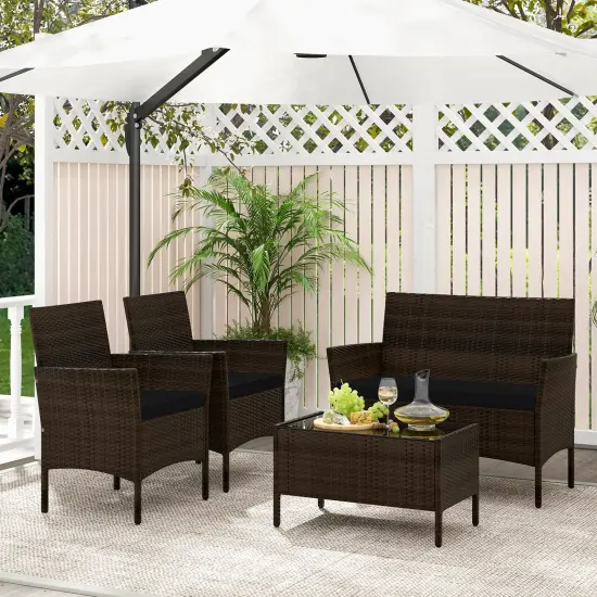 4 Piece Patio Rattan Conversation Set With Cozy Seat Cushions Black {2}