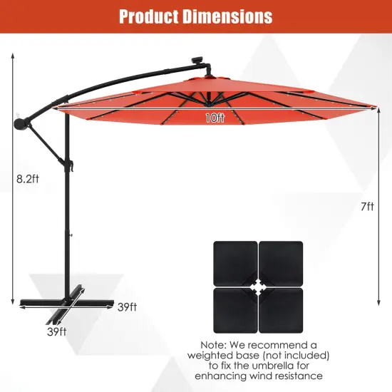 10 Feet Solar Offset Hanging Umbrella With 40 Lamp Beads And Solar Panel-orange {5}