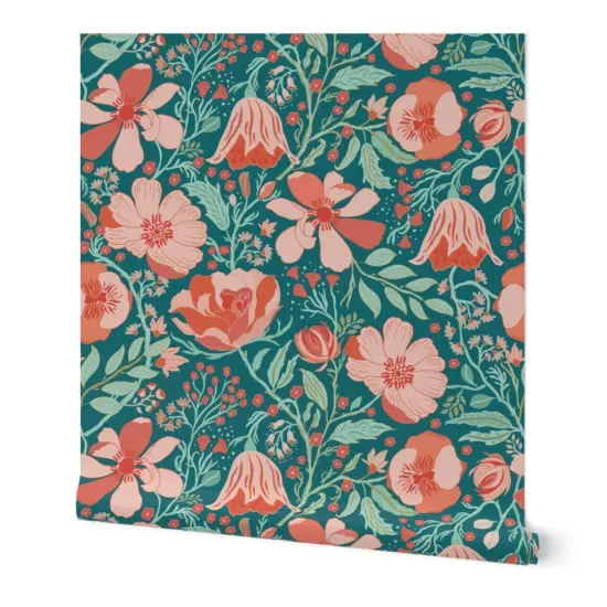 Peel & Stick Wallpaper 2FT Wide Coral Chintz Blue Green Pink Jumbo Scale Magnolia Flower Botanical Garden Custom Removable Wallpaper by Spoonflower {7}