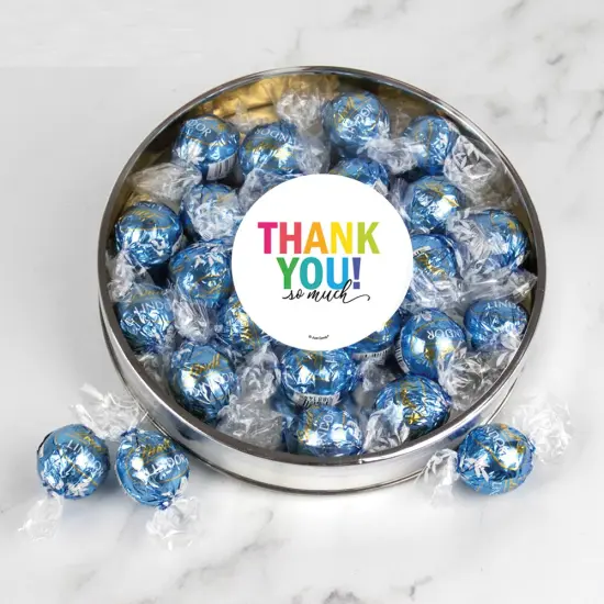 Thank You Candy Gift Tin with Chocolate Lindor Truffles by Lindt Large Plastic Tin with Sticker - Stracciatella - By Just Candy {1}