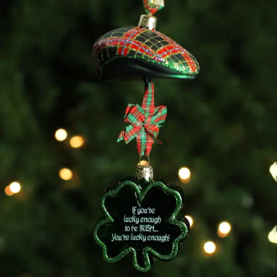 Kurt Adler 9" Noble Gems Luck of the Irish Glittered Glass Plaid Cap with Shamrock Christmas Ornament Green {4}