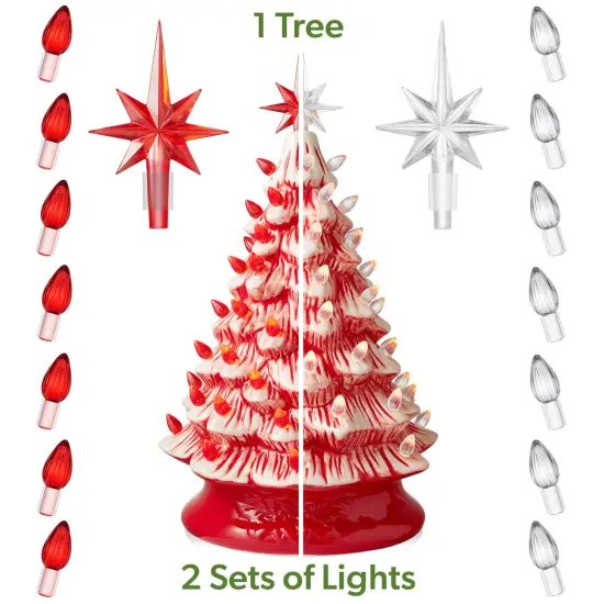 Casafield Hand Painted Ceramic Christmas Tree, Red and White Peppermint 15-Inch Pre-Lit Tree with 128 Red and Clear Lights, 2 Star Toppers {2}