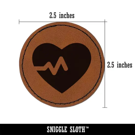 Heart Beat Round Iron-On Engraved Faux Leather Patch Applique - 2.5" Brown {2}