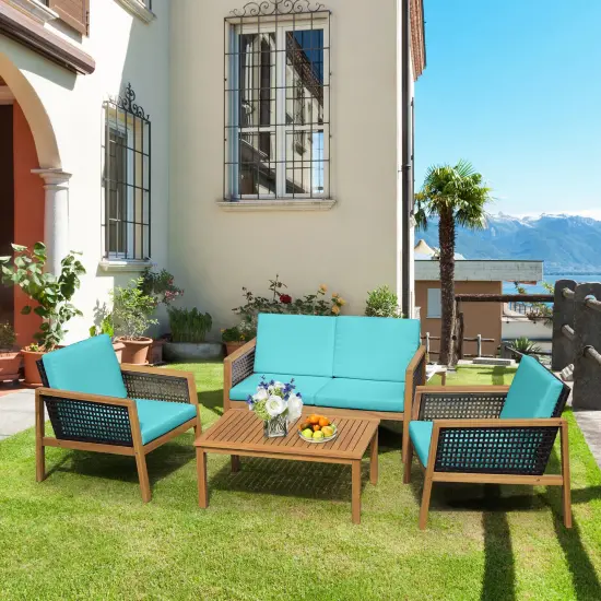 4 Pieces Patio Rattan Furniture Set with Removable Cushions Turquoise {1}