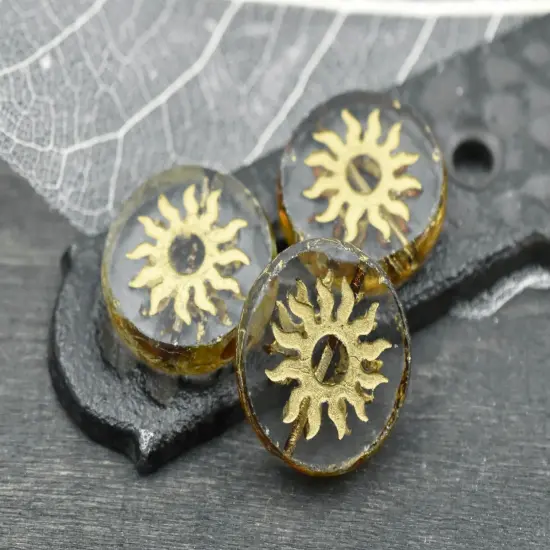 21mm Gold Washed Crystal Picasso Table Cut Sun Design Coin Beads - 2 Beads {2}