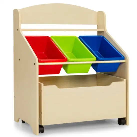 Kids Wooden Toy Storage Unit Organizer with Rolling Toy Box and Plastic Bins Natural {8}