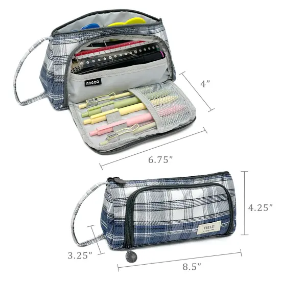 Wrapables Large Capacity Pencil Case, Portable Pencil Pouch for Stationery Office Supplies Plaid Blue {2}