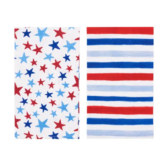 Watercolor Red White and Blue Stars & Stripes 4th of July Kitchen Towel Set of 2 {1}