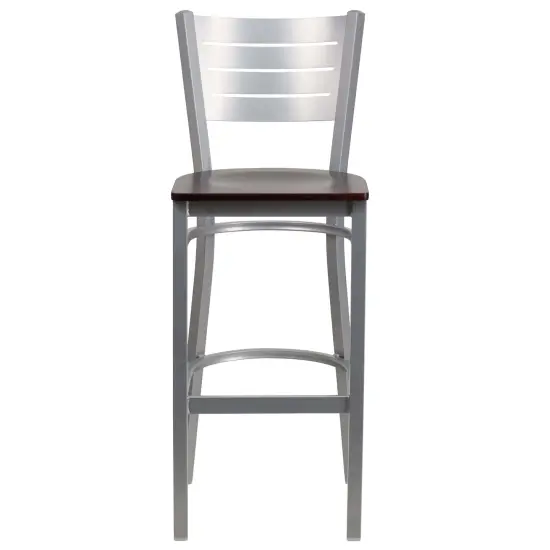 Emma and Oliver 2 Pack Silver Slat Back Metal Restaurant Barstool MahoganyWood/Silver {2}