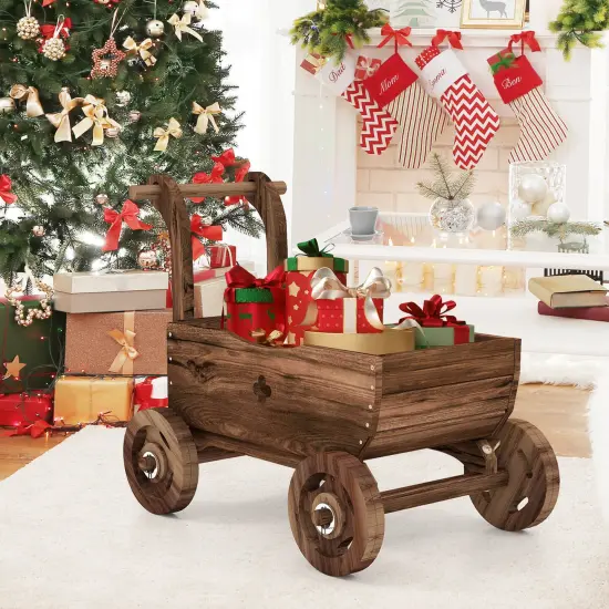 Decorative Wooden Wagon Cart with Handle Wheels and Drainage Hole-Rustic Brown {3}