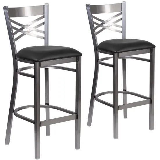 Emma and Oliver 2 Pack Clear Coated "X" Back Metal Restaurant Barstool BlackVYL/ClearCoated {1}