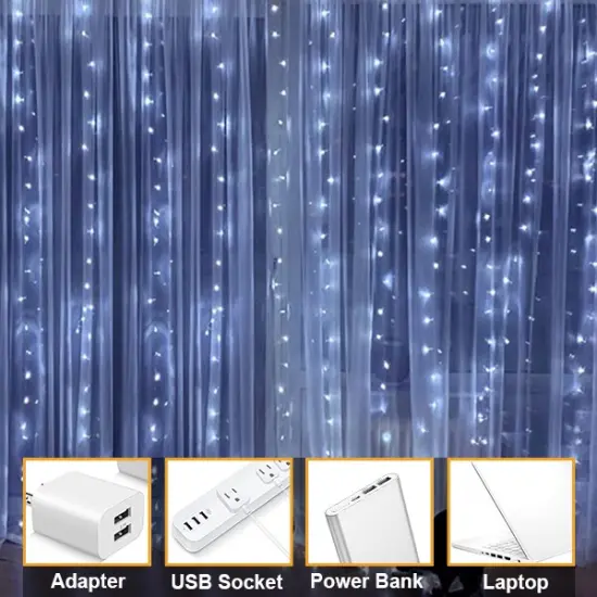 Perfect Holiday 300 LED USB Fairy Curtain Light With Remote - 8 Light Modes White {3}