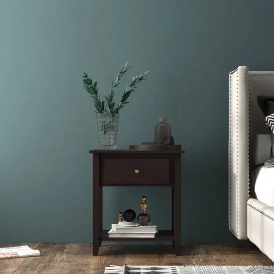 Nightstand with Drawer and Storage Shelf for Bedroom Living Room Dark Brown {6}