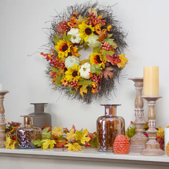 Northlight Sunflowers and Gourds Artificial Fall Harvest Wreath - 26" - Unlit Yellow {1}