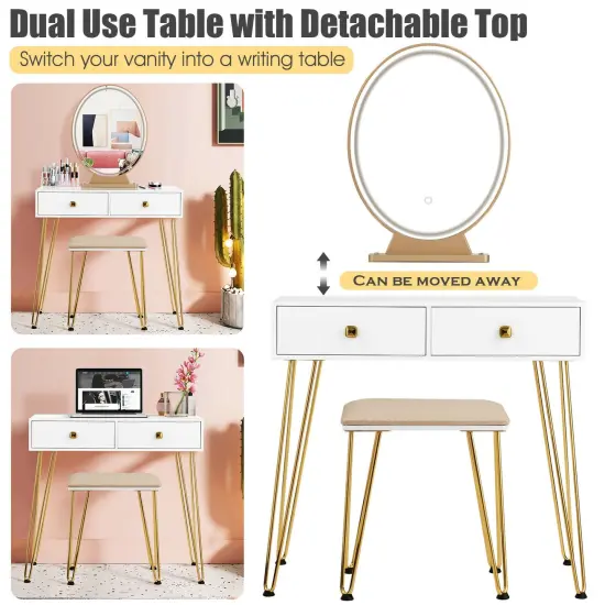 Makeup Dressing Table Included Soft Cushion Seat Stool with 3 Lighting Modes and 2 Large Drawers White {4}