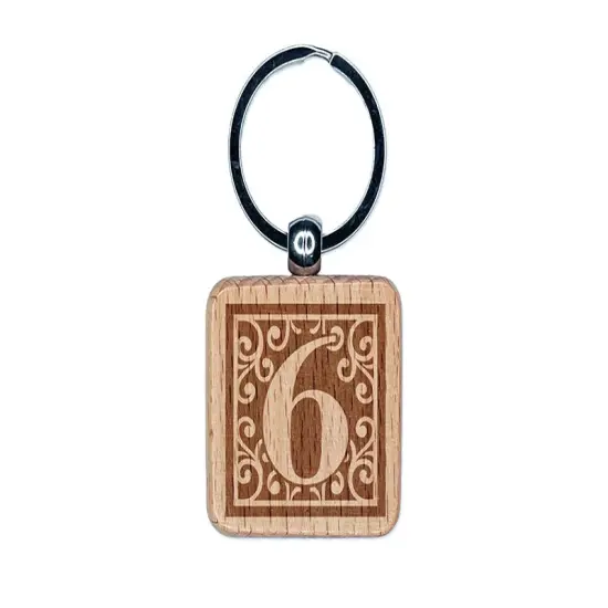 Monogram Swirls Number 6 Six Engraved Wood Square Keychain Tag Charm {1}