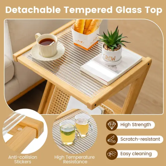 Costway Rattan Side Table Bamboo Accent Bedside Table with Tempered Glass Top Walnut/Natural {6}