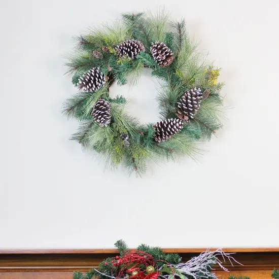 Northlight Mixed Long Needle Pine and Pine Cone Artificial Christmas Wreath - 28" - Unlit Green {4}