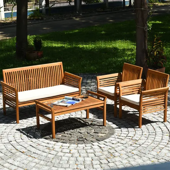 4 Pieces Natural Outdoor Acacia Wood Sofa Furniture Set {6}