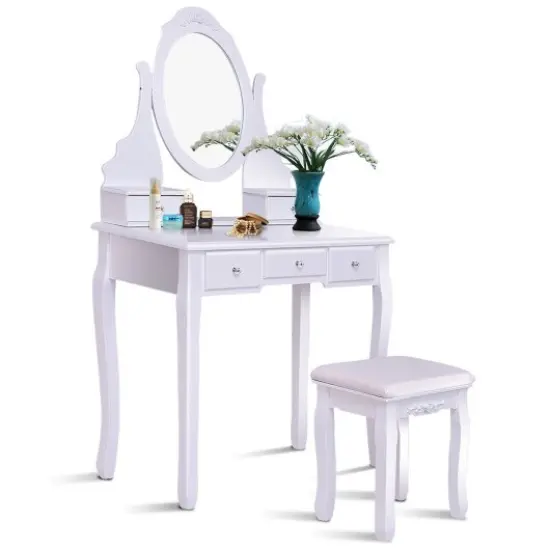 Wooden Vanity Set with 360° Rotating Oval Mirror and Cushioned Stool White {3}